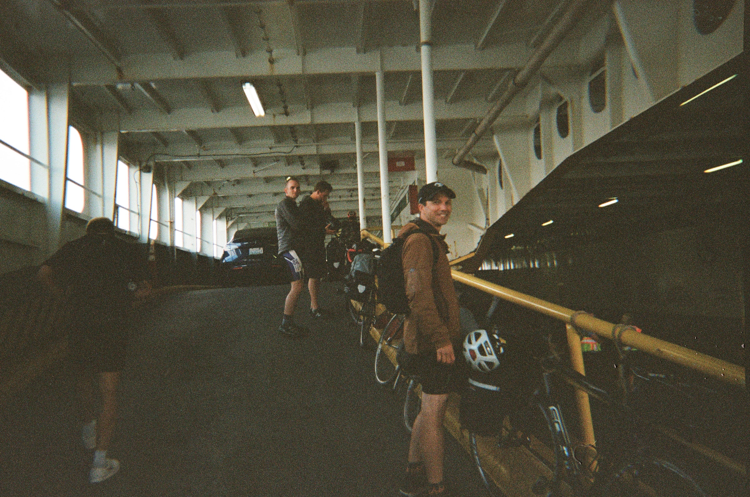 securing our bikes on the car deck of the ferry