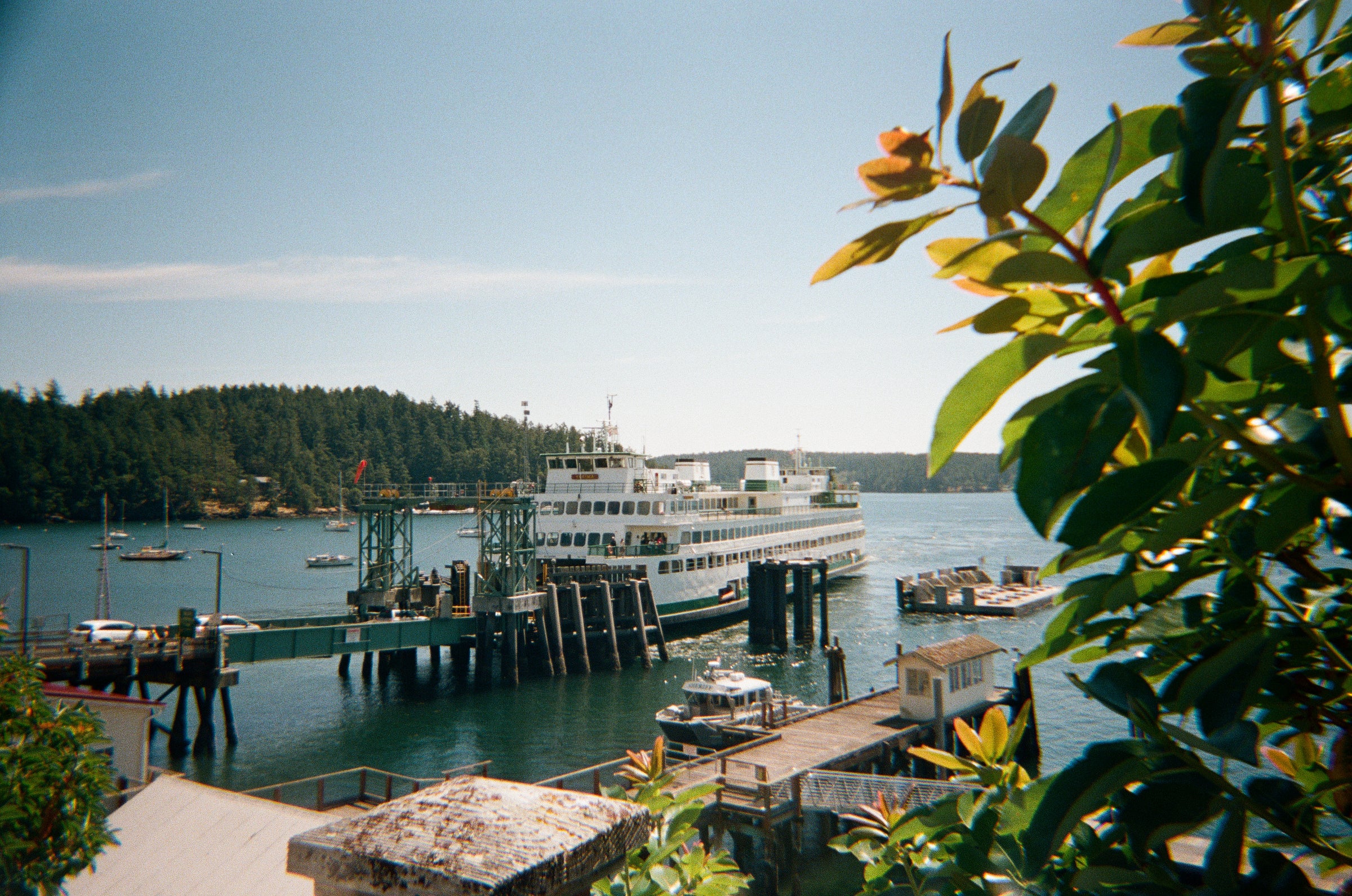 Washington state ferry waiting at Orcas Island ferry landing on a summer day