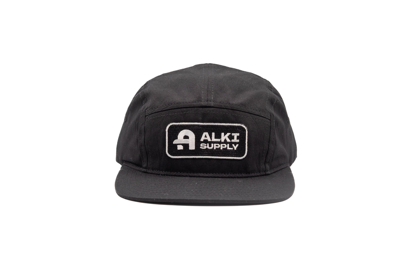 black 5 panel hat with alki patch